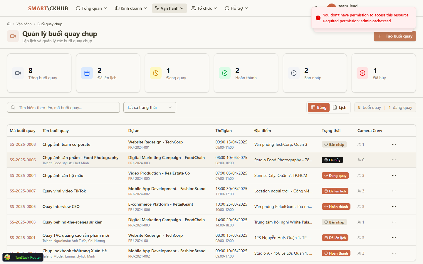 Danh sách phiên chụp/quay