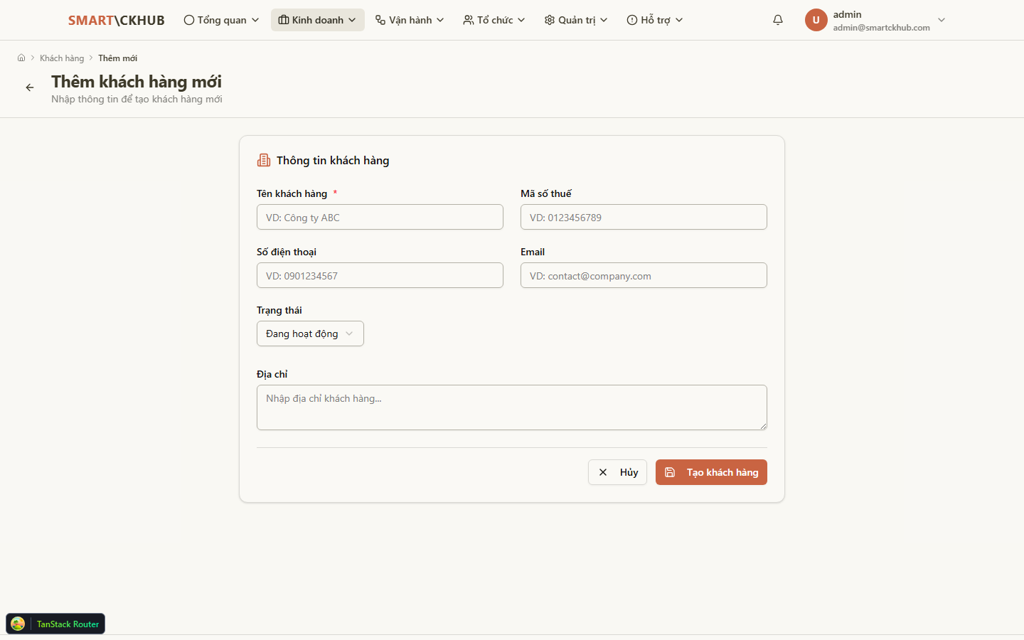 Form tạo khách hàng mới